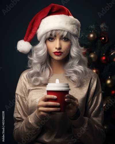 A woman in a festive Santa hat enjoying a warm cup of coffee