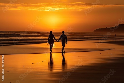 Couple holding hands on the beach at sunset., generative IA