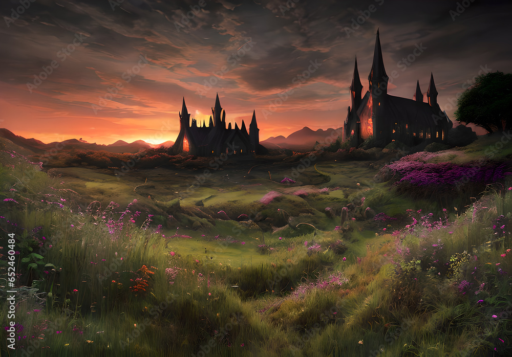 Naklejka premium Fantasy castle fairy tale atmospheric landscape and village magical world Generative AI