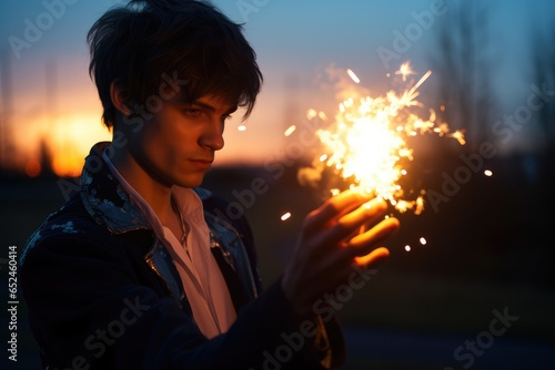 A man holding a lit sparkler © pham