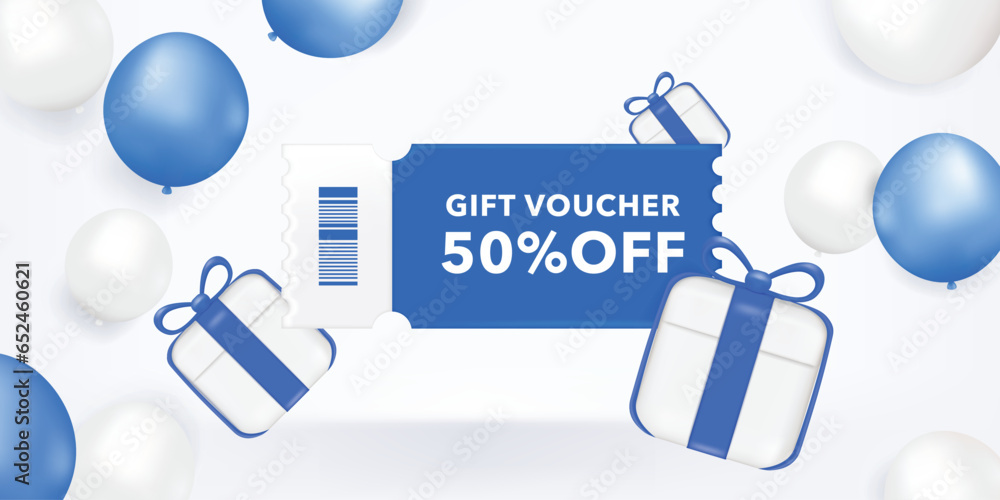 3D Gift voucher with blue coupon. For Promotion sales and Discount online purchases. Percentage label with gift box and balloon isolated on white background. 3d rendering. 3D Gift voucher with blue coupon. For Promotion sales and Discount online purchases. Percentage label with gift box and balloon isolated on white background. 3d rendering.