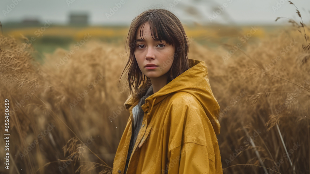 Female in high grass wearing yellow rain coat and looking at camera. Female in high grass wearing yellow rain coat and looking at camera.