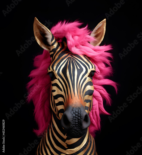 Zebra portrait with neon pink mane  creative aesthetic wildlife layout  dark background.