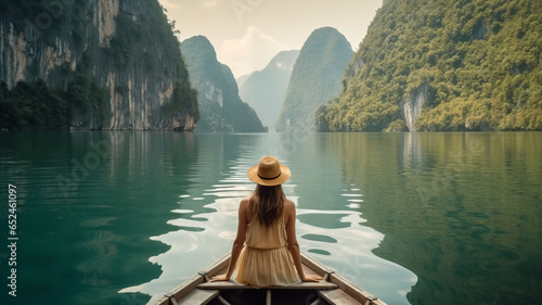 Travel summer vacation concept, Happy solo traveler asian woman with hat relax and sightseeing on Thai longtail boat in Ratchaprapha Dam at Khao Sok National Park, Surat Thani Province, Thailand © JKLoma
