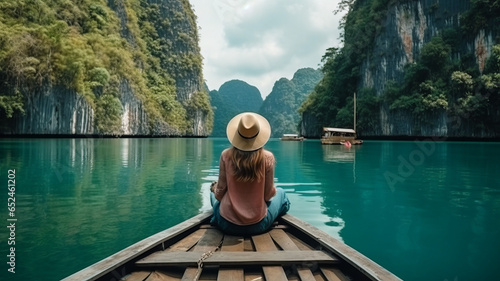 Travel summer vacation concept, Happy solo traveler asian woman with hat relax and sightseeing on Thai longtail boat in Ratchaprapha Dam at Khao Sok National Park, Surat Thani Province, Thailand © JKLoma