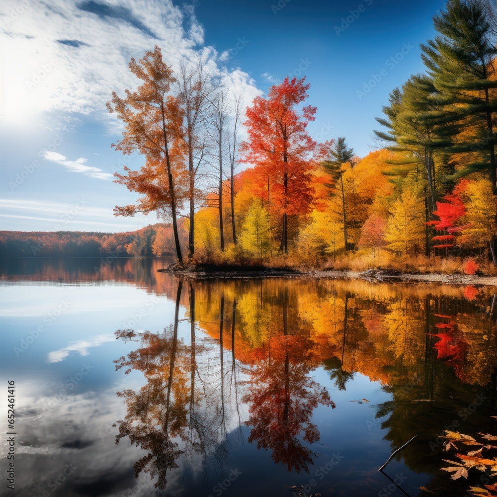 Serene lake reflecting colorful autumn trees