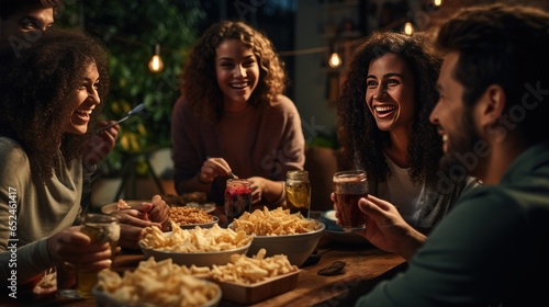Group of friends enjoying drinks and snacks
