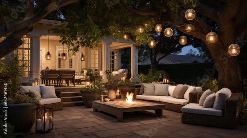 Outdoor string lights and cozy seating area