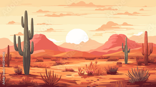 Desert sandy landscape with cactuses, sunset. Desert dunes vector background.