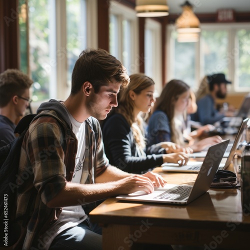 Group of students using laptops in library