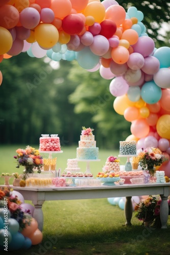 Colorful balloon arches over dessert table