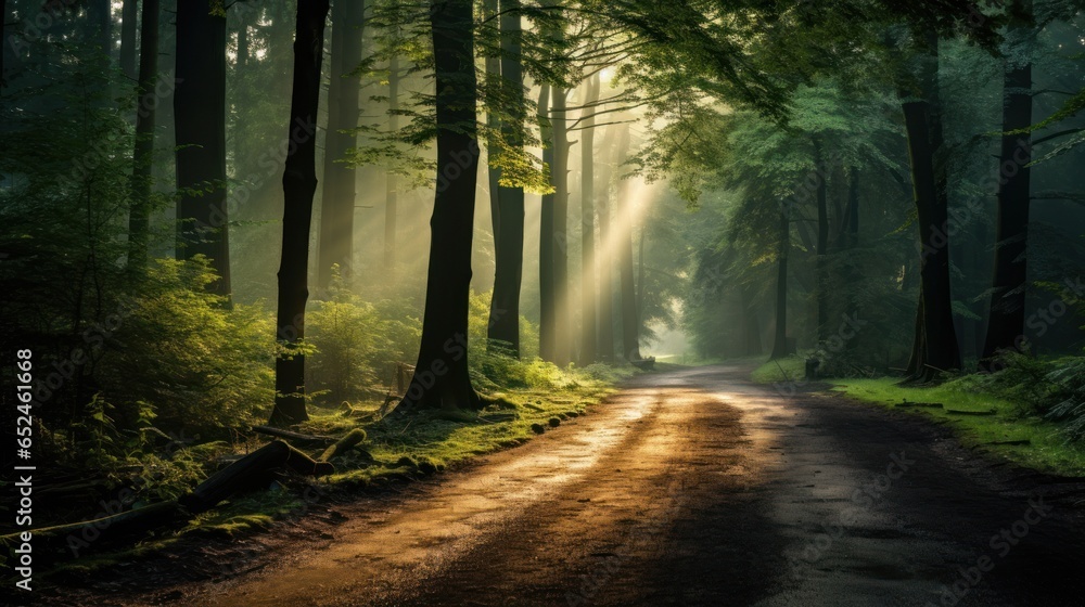 Obraz premium Tranquil misty autumn forest with sun rays