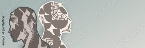 Metaphor bipolar disorder mind mental. Double face. Split personality. Concept mood disorder. 2 Head silhouette.Psychology. Mental health. OurMindsMatter. Burnout concept. Psychiatry
