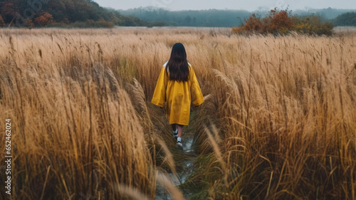 Moody fall scenery with a young girl in bright clothing walking in high grass outdoors.generative ai