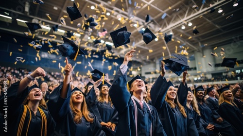 Graduating class throwing their hats in celebration