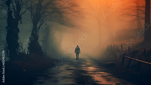 A person walk into the misty foggy road in a dramatic mystic scene with warm colors.generative ai © LomaPari2021