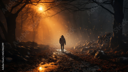 A person walk into the misty foggy road in a dramatic mystic scene with warm colors.generative ai © LomaPari2021