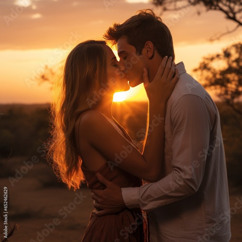 Couple sharing a kiss in front of sunset