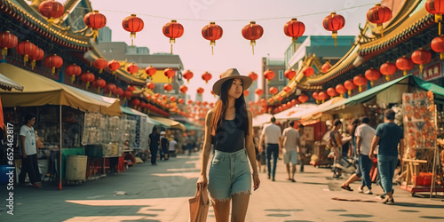 China food market street in Beijing. Chinese tourist walking in city streets on Asia vacation tourism.generative ai photo