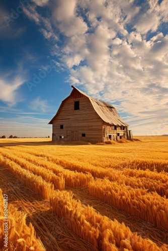 Rustic barn nestled in golden wheat field