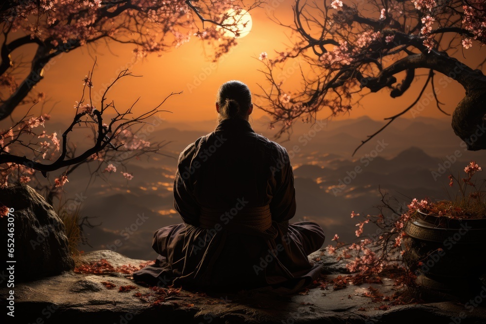 Samurai meditating under cherry trees while warriors train in the background., generative IA