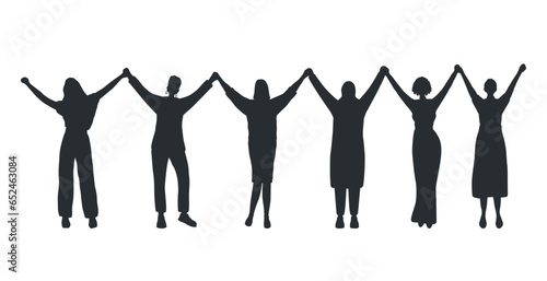 Women holding hands. Black silhouettes of women. International Women's Day concept. Women's community. Female solidarity. Silhouettes of different women. Vector illustration