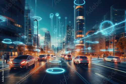 Cityscape with futuristic AI-powered infrastructure, such as smart traffic lights and autonomous vehicles, representing the smart cities of the future photo