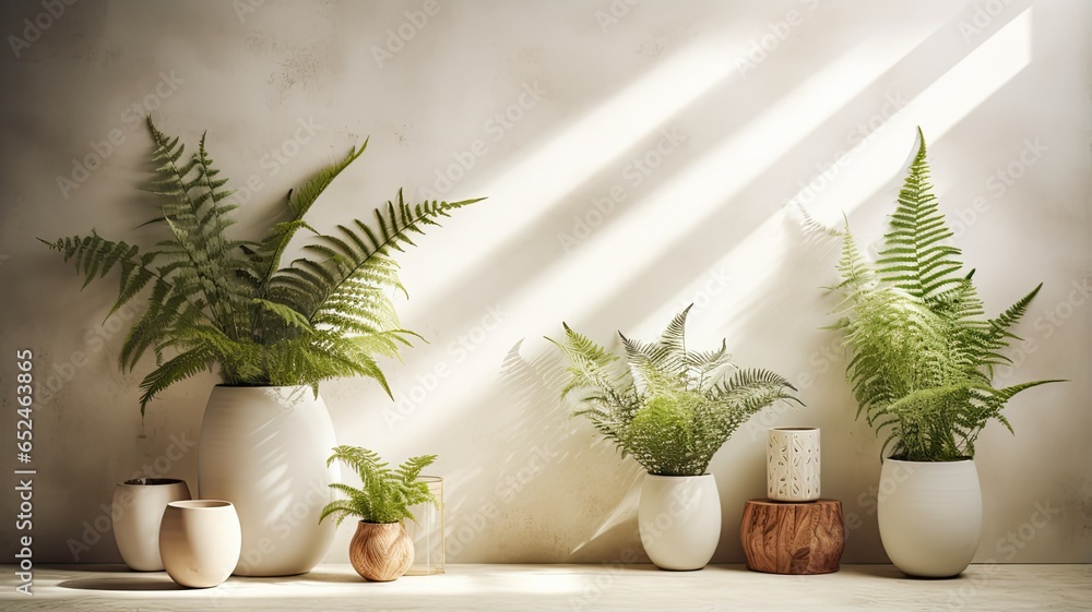 the beauty of lush ferns in pots, strategically placed on the floor near a sleek brick wall in a modern living room with a white interior. an inviting and serene atmosphere. the beauty of lush ferns in pots, strategically placed on the floor near a sleek brick wall in a modern living room with a white interior. an inviting and serene atmosphere.