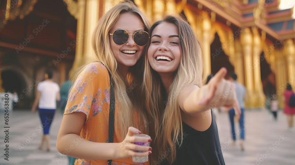 Happy young tourist women friends enjoy taking selfie together while travel in temple of the emerald buddha, Wat Phra Kaew, popular tourist place in Bangkok, Thailand,generative ai