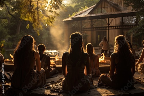 Serene scene of yoga practitioners to dawn, wrapped in nature., generative IA photo