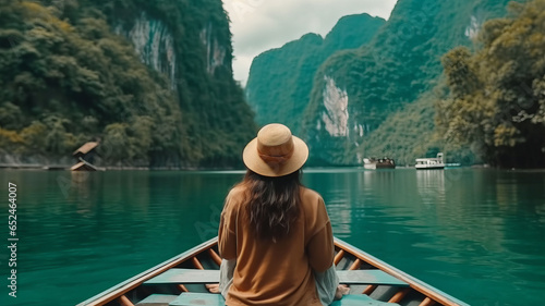  Happy solo traveler asian woman with hat relax and sightseeing on Thai longtail boat in Ratchaprapha Dam at Khao Sok National Park, Surat Thani Province, Thailand.generative ai © LomaPari2021