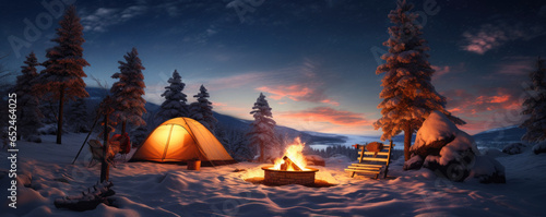 Winter campsite at dusk, with a glowing campfire and warm tents