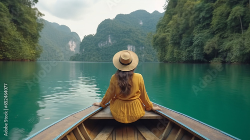  Happy solo traveler asian woman with hat relax and sightseeing on Thai longtail boat in Ratchaprapha Dam at Khao Sok National Park, Surat Thani Province, Thailand.generative ai photo