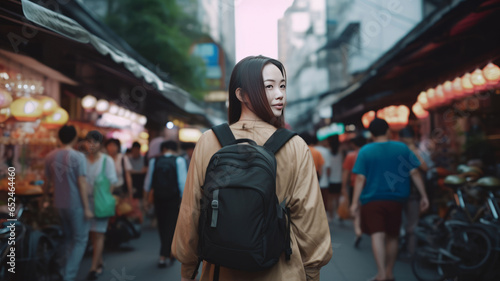 japanese lady travel in chinese city.generative ai