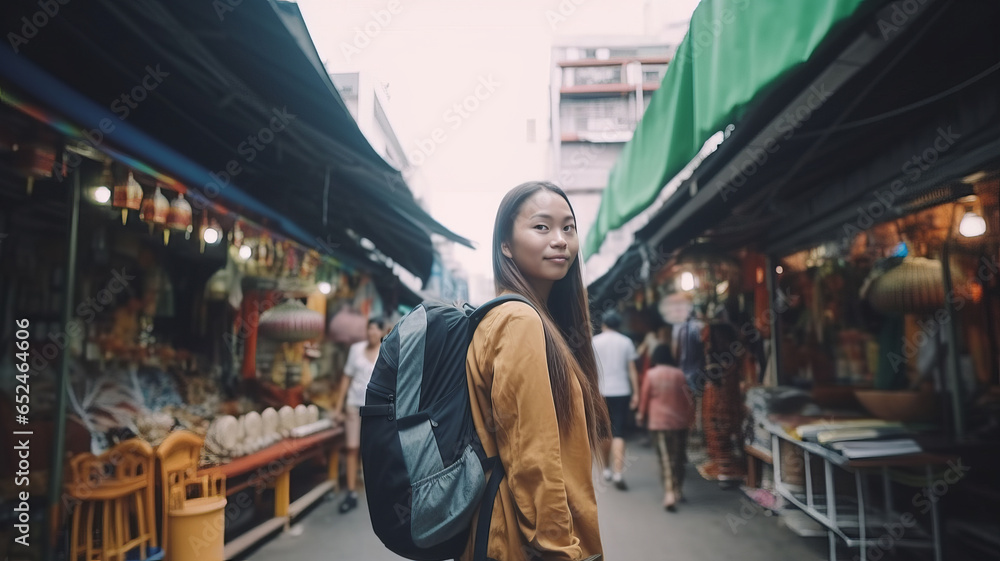 Woman traveling in city lifestyle china town street food market Bangkok, Thailand.generative ai Woman traveling in city lifestyle china town street food market Bangkok, Thailand.generative ai