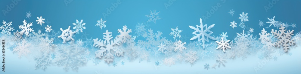 A winter-themed background with delicate snowflakes on a vibrant blue backdrop - obrazy, fototapety, plakaty 
