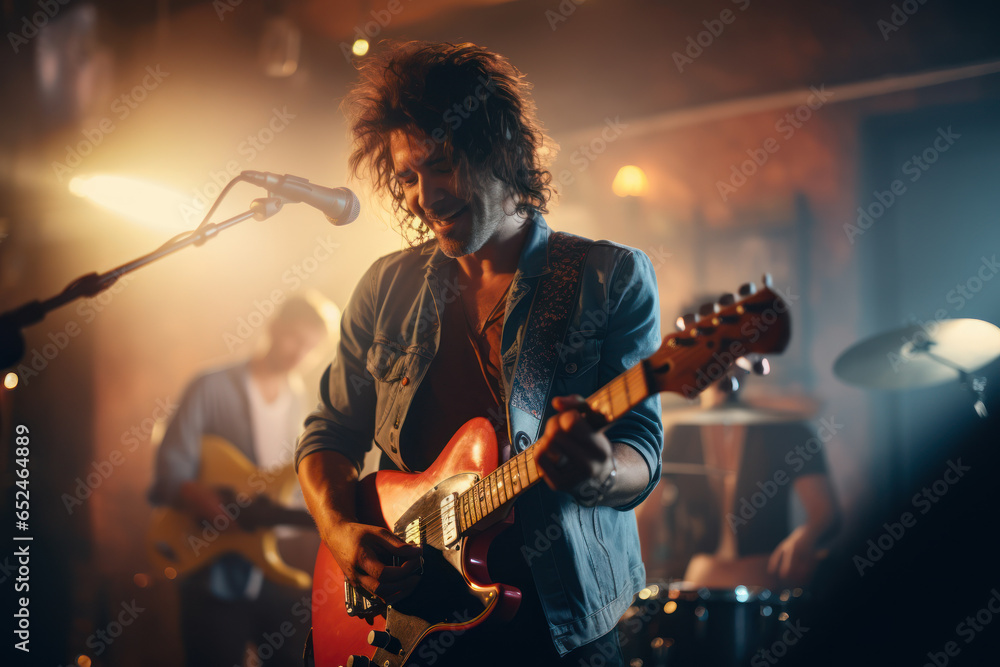 Obraz premium A musician and band members jamming together, creating new melodies and harmonies. Concept of musical brainstorming. Generative Ai.