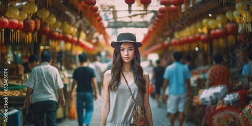 China food market street in Beijing. Chinese tourist walking in city streets on Asia vacation tourism generative ai photo
