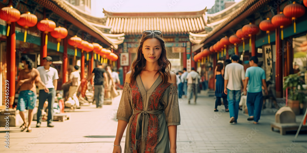 Naklejka premium China food market street in Beijing. Chinese tourist walking in city streets on Asia vacation tourism generative ai
