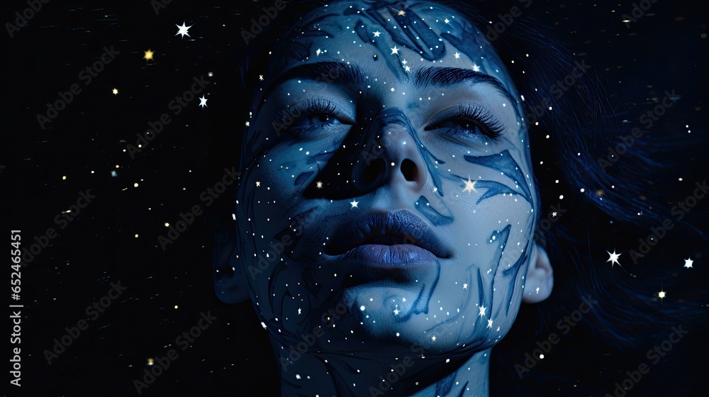 the face of a woman with stars in a night sky with blue overtones in a Celestial-themed image as a JPG horizontal format. generative ai the face of a woman with stars in a night sky with blue overtones in a Celestial-themed image as a JPG horizontal format. generative ai