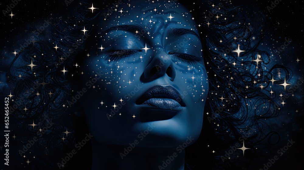 the face of a woman with stars in a night sky with blue overtones in a  Celestial-themed image as a JPG horizontal format. generative ai