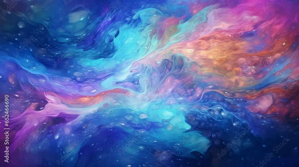 An abstract painting with vibrant blue, pink, and purple colors