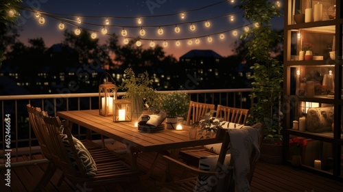 a balcony adorned with string lights and flickering candles, casting a warm and inviting glow into the night. © lililia