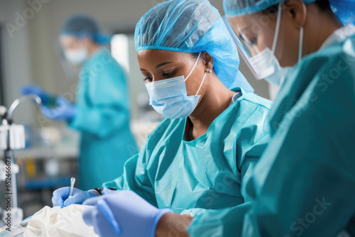 Diverse medical team collaborating in a hospital's sterile and well-organized operating room
