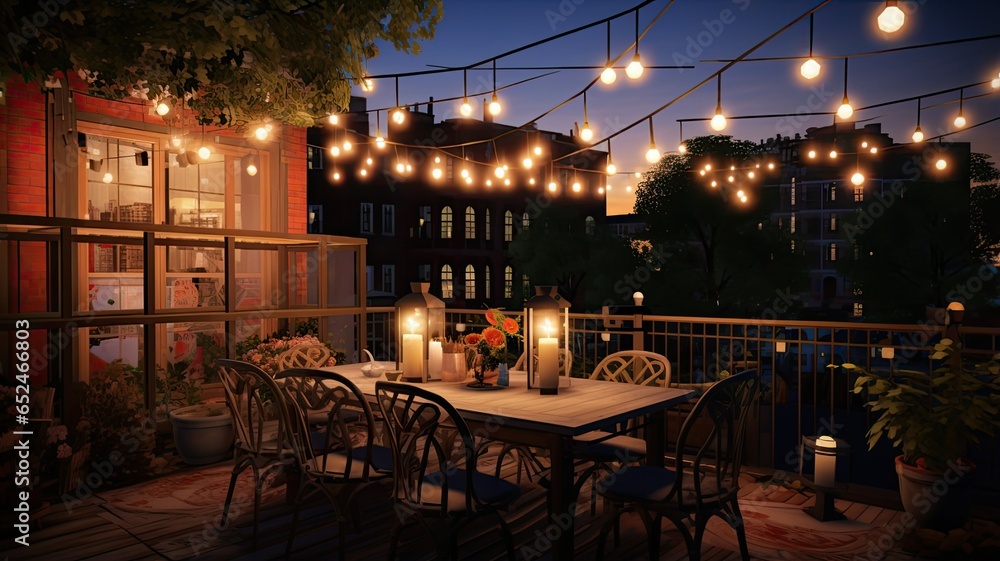 Naklejka premium a balcony adorned with string lights and flickering candles, casting a warm and inviting glow into the night.