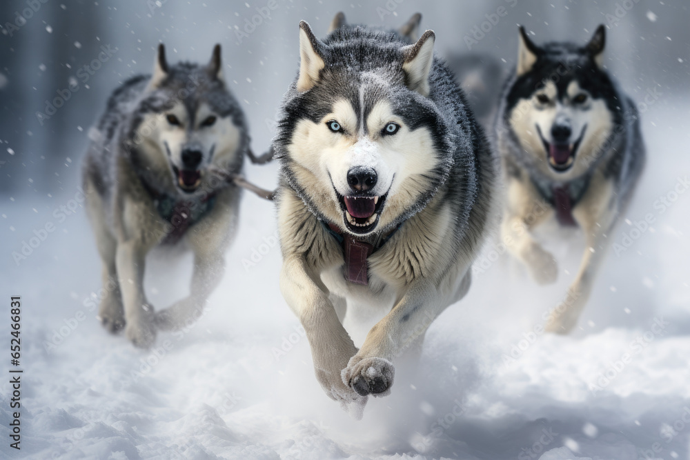 Husky dog sled team, conveying the speed and excitement Husky dog sled team, conveying the speed and excitement