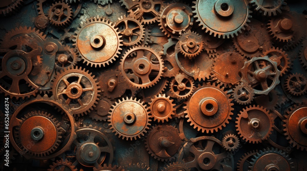 an assortment of mechanical gears, rusty with space for copy in an industrial-themed image as a JPG horizontal format. generative ai - obrazy, fototapety, plakaty 