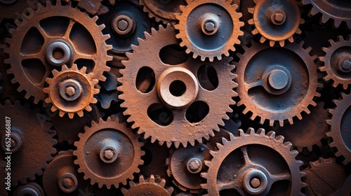 an assortment of mechanical gears, rusty with space for copy in an industrial-themed image as a JPG horizontal format. generative ai
