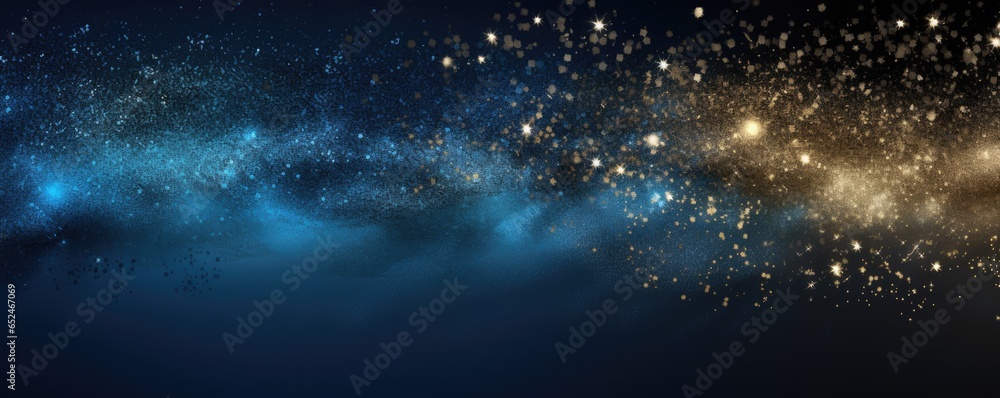 A celestial night sky with sparkling stars and golden dust particles