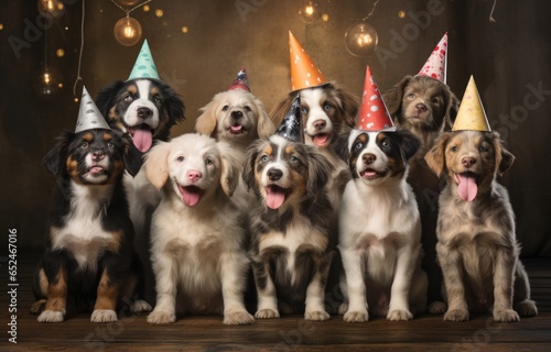 A group of festive dogs wearing party hats